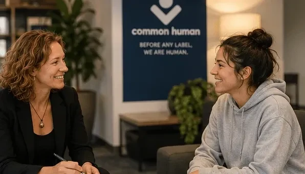 A coach speaking with a participant in a calm office setting